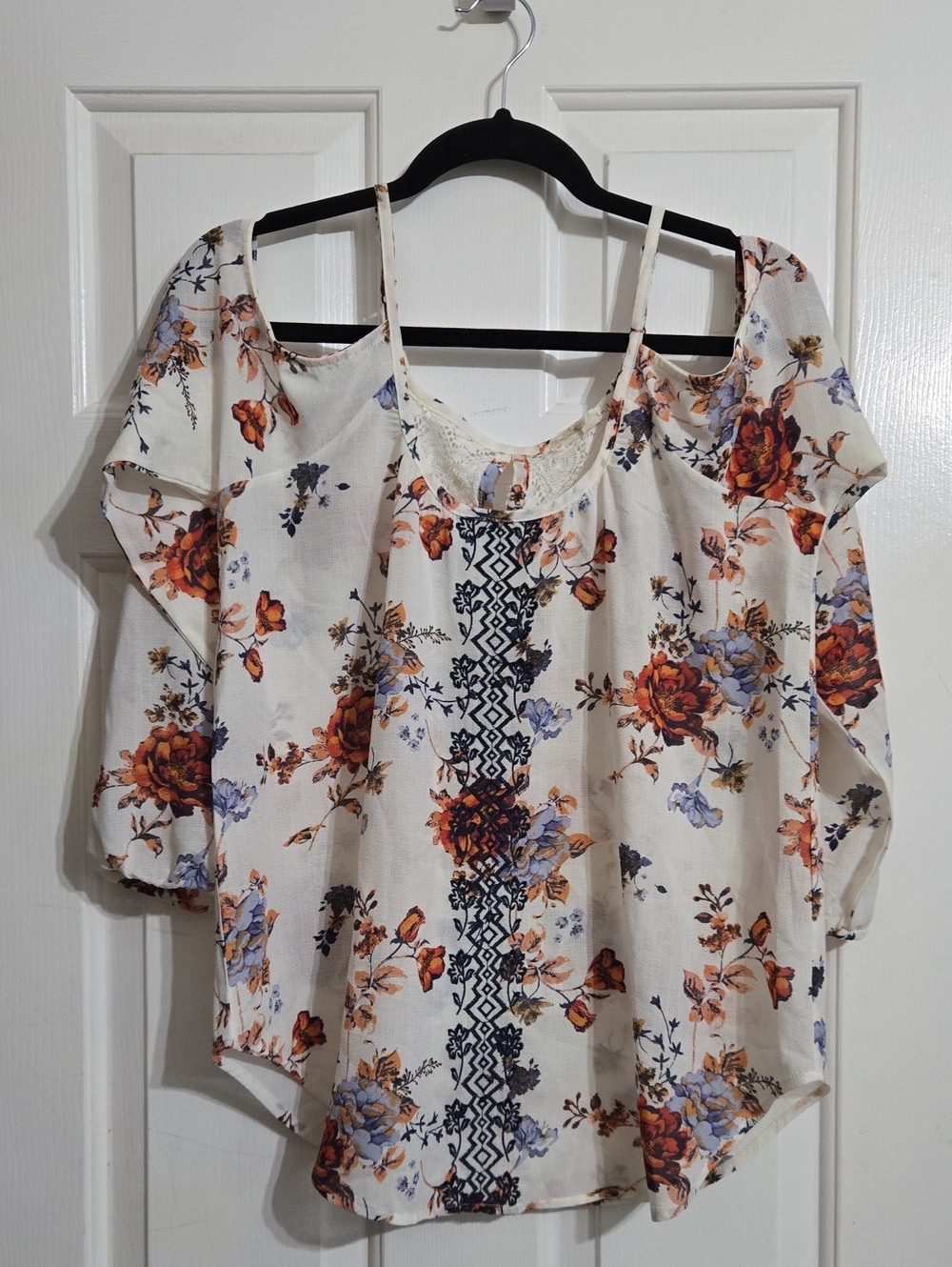 Rewind Cream Cold-Shoulder Floral Blouse with Rust and Blue Blooms